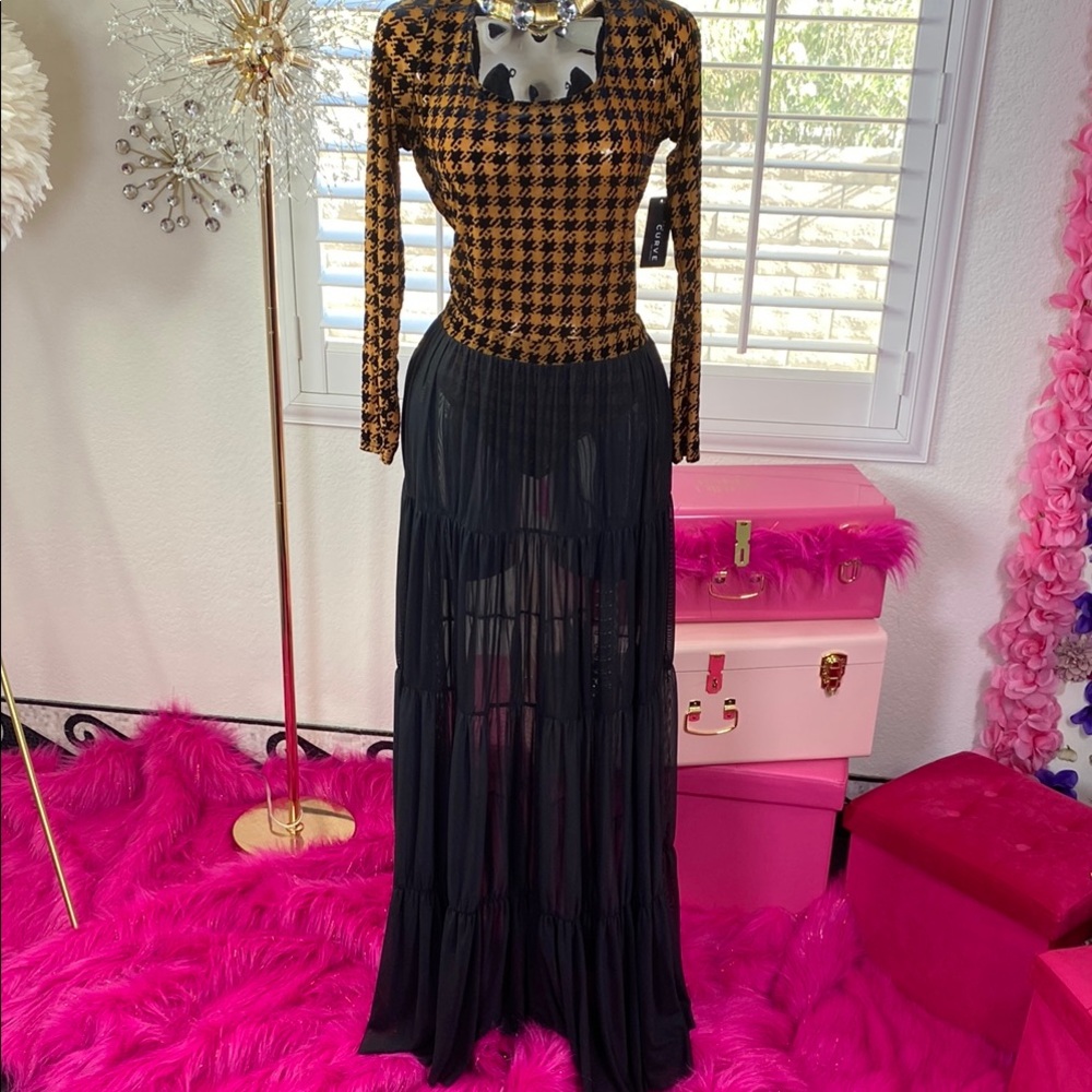 Velvet Gold Houndstooth Bodysuit + Sheer Pleated Maxi Skirt Set